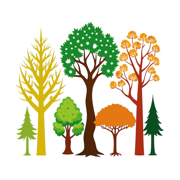 Ilustración vectorial de estilo plano de una colección de árboles