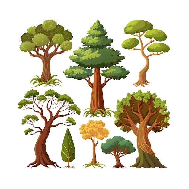 Ilustración vectorial de estilo plano de una colección de árboles