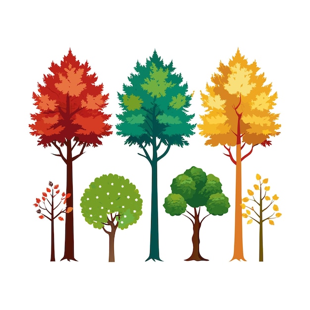Ilustración vectorial de estilo plano de una colección de árboles