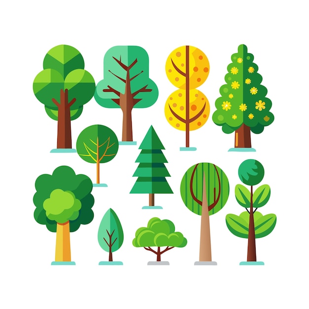 Ilustración vectorial de estilo plano de una colección de árboles