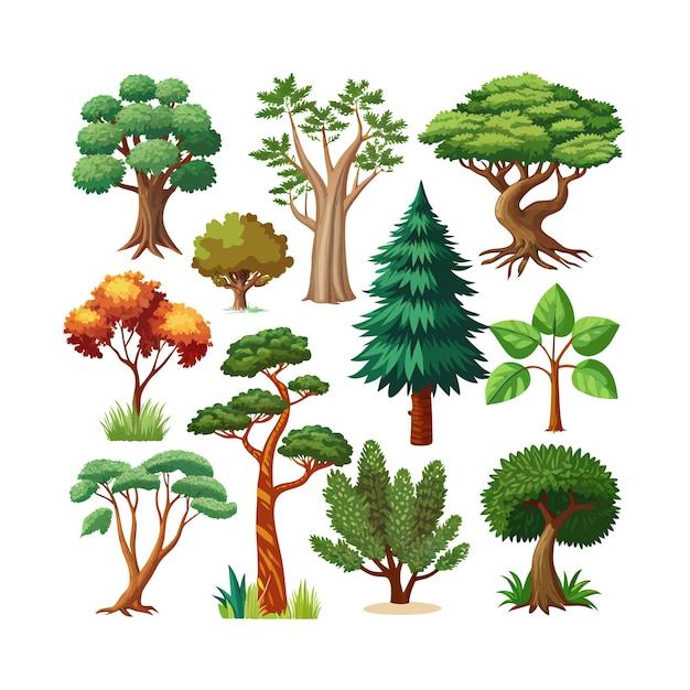 Ilustración vectorial de estilo plano de una colección de árboles