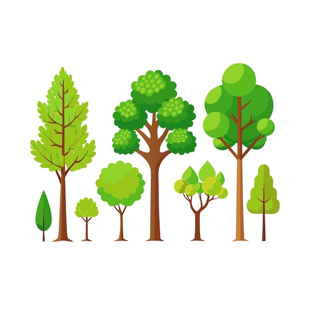Ilustración vectorial de estilo plano de una colección de árboles