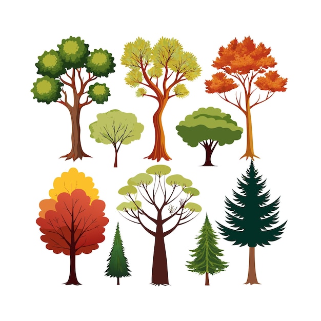 Ilustración vectorial de estilo plano de una colección de árboles