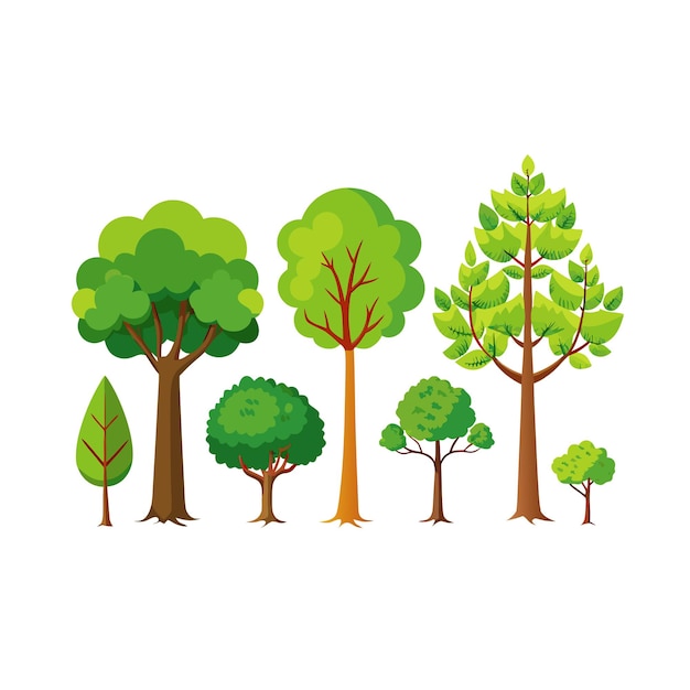Ilustración vectorial de estilo plano de una colección de árboles