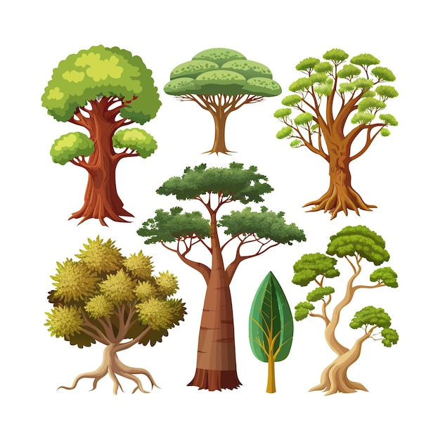 Ilustración vectorial de estilo plano de una colección de árboles