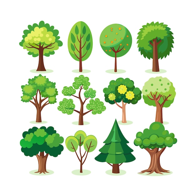 Ilustración vectorial de estilo plano de una colección de árboles