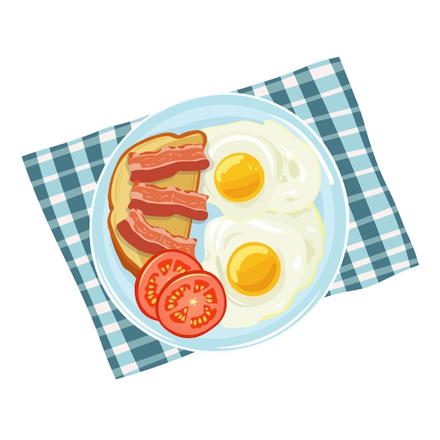 Ilustración vectorial estilo plano desayuno inglés huevos revueltos con tostadas.