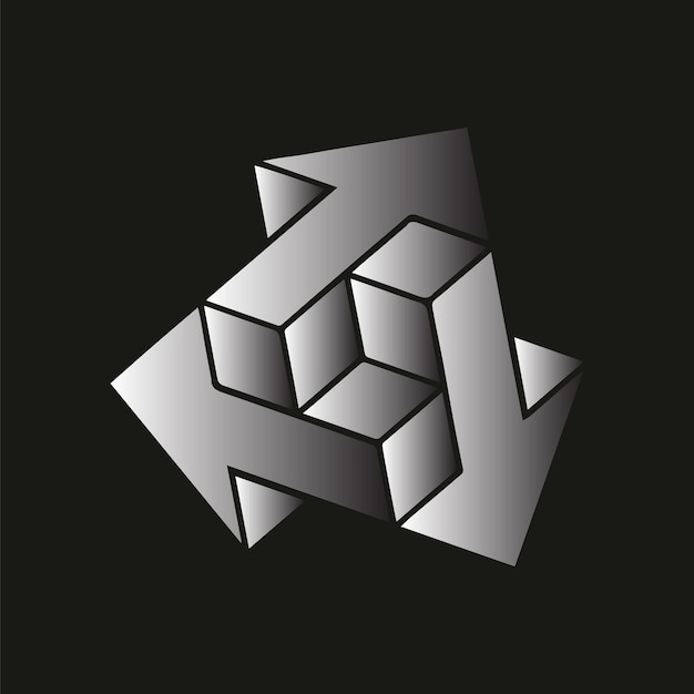 Ilustración vectorial de estilo plano con flecha de gradiente de color plateado aislada sobre fondo negro