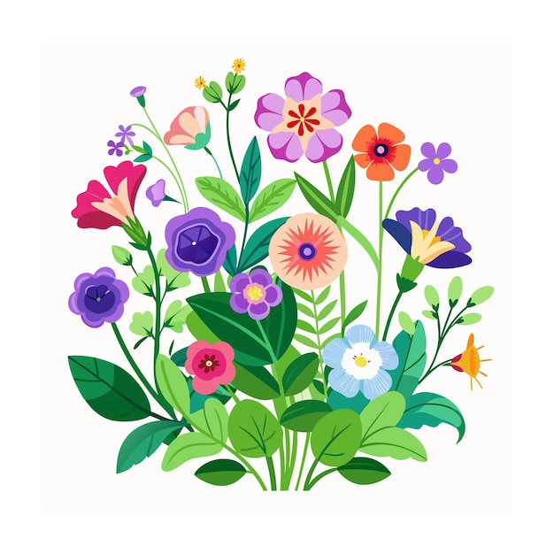 Ilustración vectorial de estilo plano del jardín de hermosas plantas florales