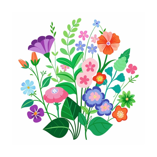 Ilustración vectorial de estilo plano del jardín de hermosas plantas florales