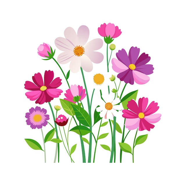 Ilustración vectorial de estilo plano del jardín de hermosas plantas florales