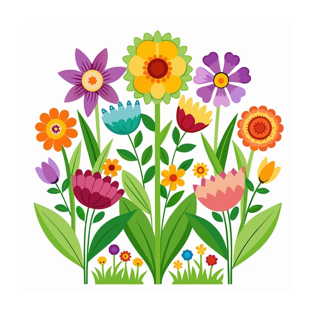Ilustración vectorial de estilo plano del jardín de hermosas plantas florales