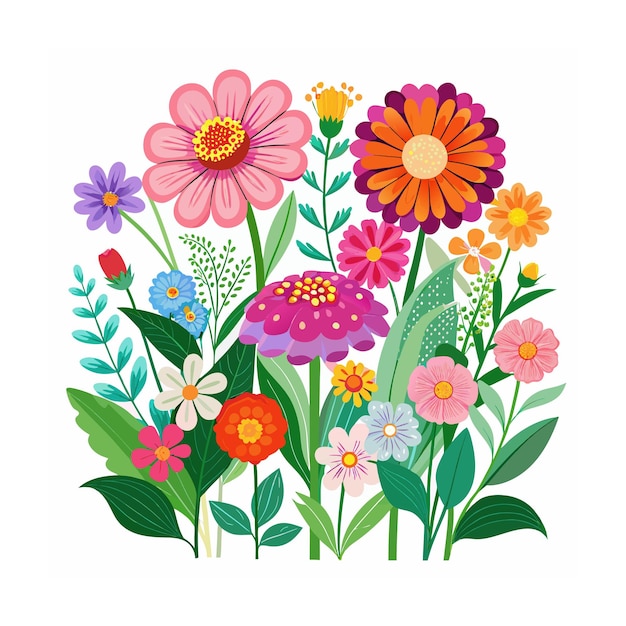 Ilustración vectorial de estilo plano del jardín de hermosas plantas florales