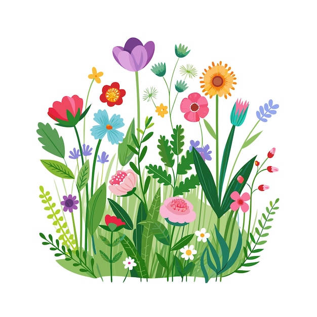 Ilustración vectorial de estilo plano del jardín de hermosas plantas florales