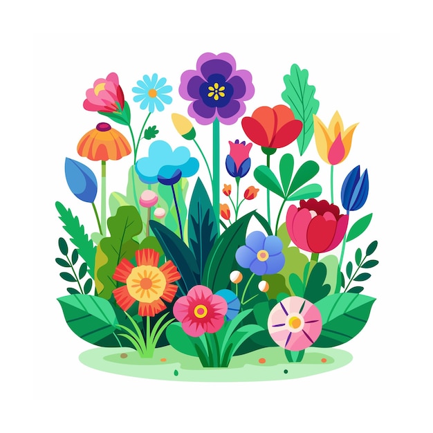 Ilustración vectorial de estilo plano del jardín de hermosas plantas florales