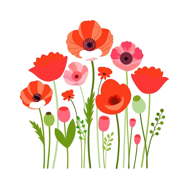 Ilustración vectorial de estilo plano del jardín de hermosas plantas florales