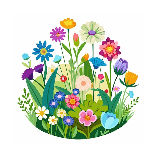 Ilustración vectorial de estilo plano del jardín de hermosas plantas florales