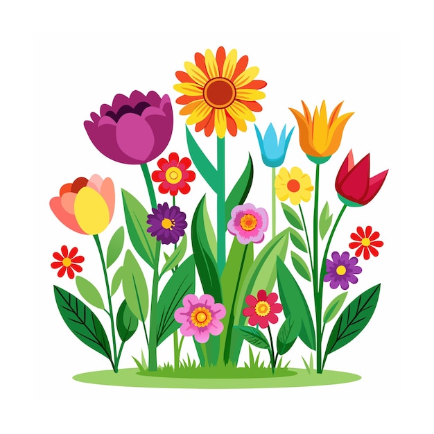 Ilustración vectorial de estilo plano del jardín de hermosas plantas florales