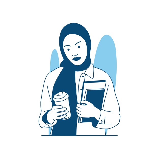 ilustración vectorial de estilo plano Linda chica musulmana usa hiyab usa un teléfono con café