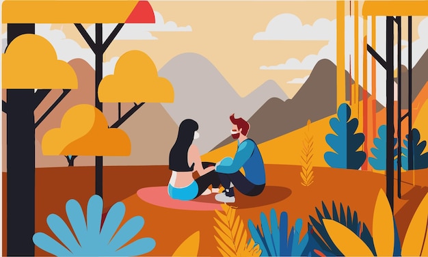 Ilustración vectorial en estilo plano lineal ilustración paisajística con una pareja enamorada caminando en aut