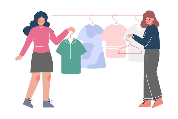 Ilustración vectorial de estilo plano de mujeres del servicio de limpieza en seco sosteniendo perchas con ropa limpia