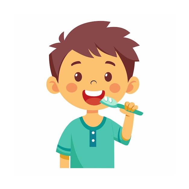 Una ilustración vectorial de estilo plano de un niño cepillándose los dientes