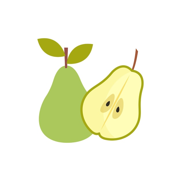 Ilustración vectorial de estilo plano de pera fresca y mitad de pera aislada sobre fondo blanco
