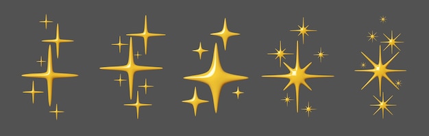 Ilustración vectorial de estrellas amarillas brillantes en estilo 3D con chispas abstractas brillantes