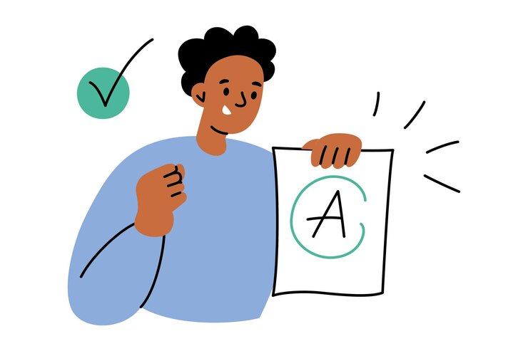 Vector ilustración vectorial de un estudiante feliz con los mejores resultados de exámenes o exámenes educación estilo dibujos animados plano