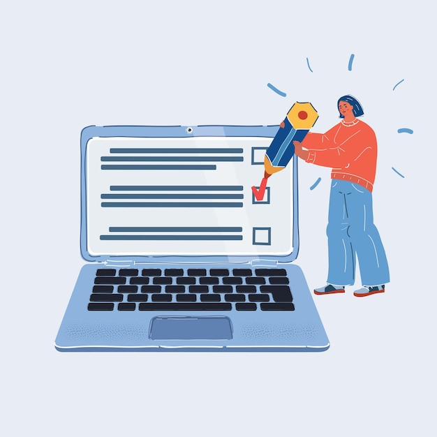 Ilustración vectorial de un estudiante ocupado que está siendo probado y aprendiendo con una computadora portátil en un fondo blanco