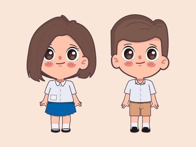 Ilustración vectorial de un estudiante tailandés en uniforme escolar que va a la escuela dibujos animados de Doodle clipart chibi