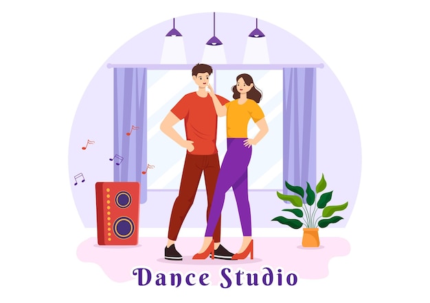 Vector ilustración vectorial de estudio de danza con parejas bailando acompañadas de música