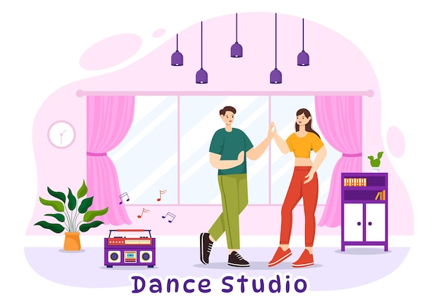 Vector ilustración vectorial de estudio de danza con parejas bailando acompañadas de música