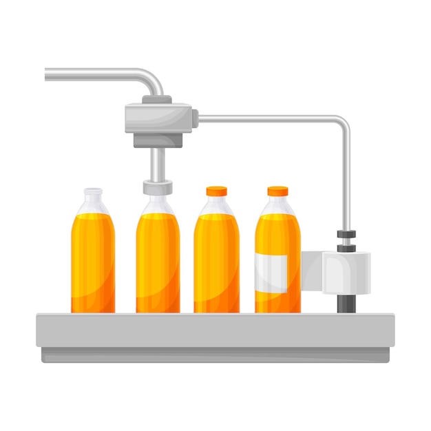 Vector ilustración vectorial de la etapa de la cinta transportadora con tapones y etiquetado de botellas de jugo de naranja