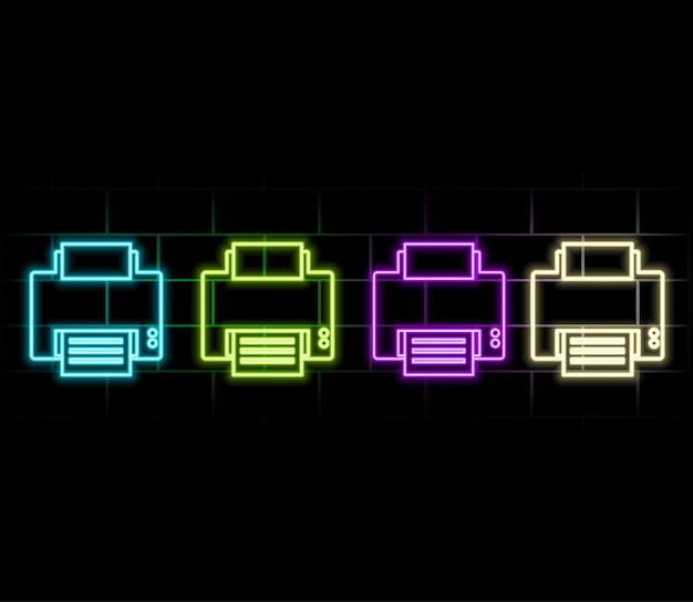 Ilustración vectorial de etiquetas de neón de la impresora para la promoción de la electrónica