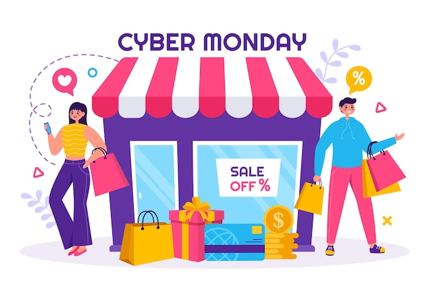 Ilustración vectorial del evento cyber monday con superventas y grandes descuentos en compras en bolsas de papel