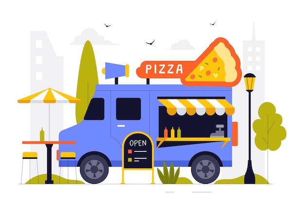 Ilustración vectorial del evento del festival de comida callejera con personas y camiones de comida en un mercado de verano al aire libre del parque de la ciudad con un fondo de estilo plano