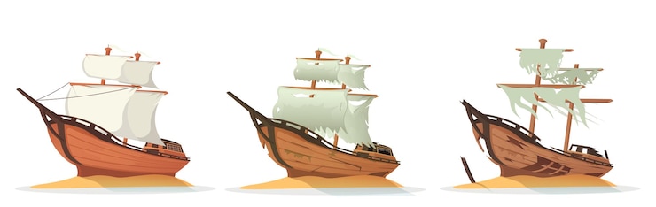 Vector ilustración vectorial de la evolución de un viejo velero de nuevo a naufragado