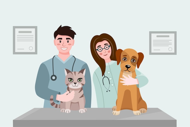 Ilustración vectorial de un examen veterinario de un perro y un gato en una mesa de una clínica veterinaria