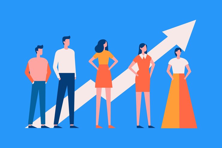 Vector ilustración vectorial del éxito equipo de expertos de cinco personas de pie en rising arrow