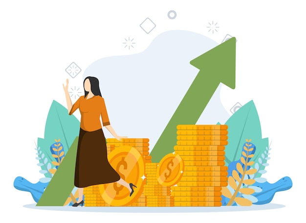 ilustración vectorial de una exitosa mujer de negocios parada cerca de su montón de dinero