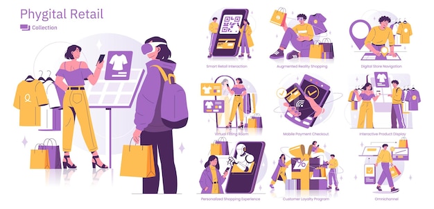 Ilustración vectorial de una experiencia minorista phygital que muestra las compras digitales de realidad aumentada