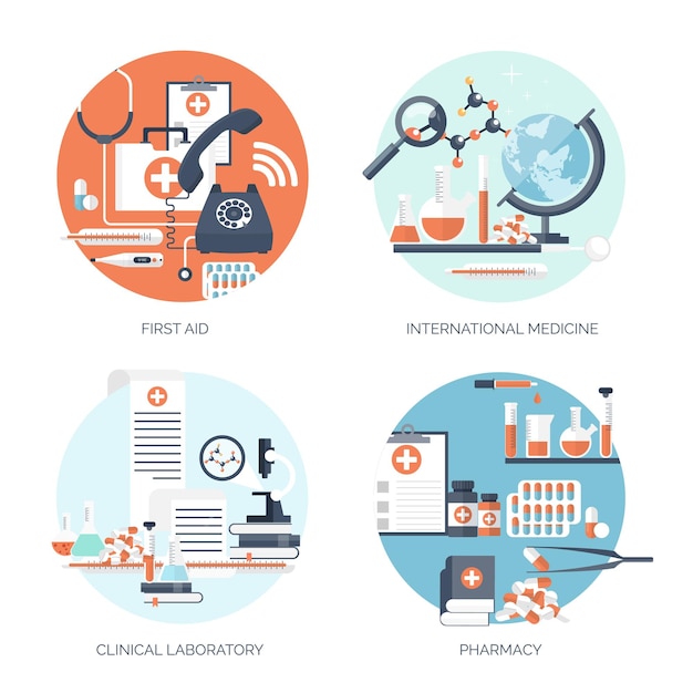 Ilustración vectorial experimento de investigación de antecedentes médicos y químicos planos primeros auxilios sanitarios