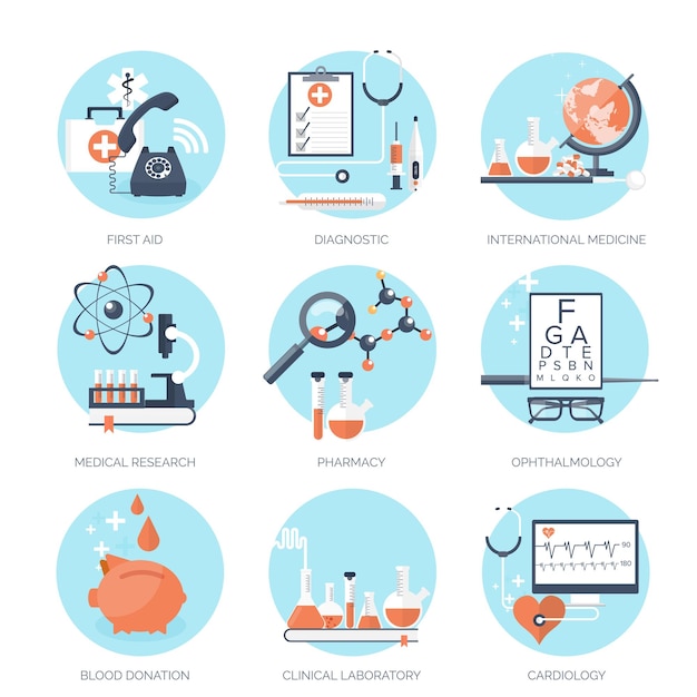 Ilustración vectorial experimento de investigación de antecedentes médicos y químicos planos primeros auxilios sanitarios