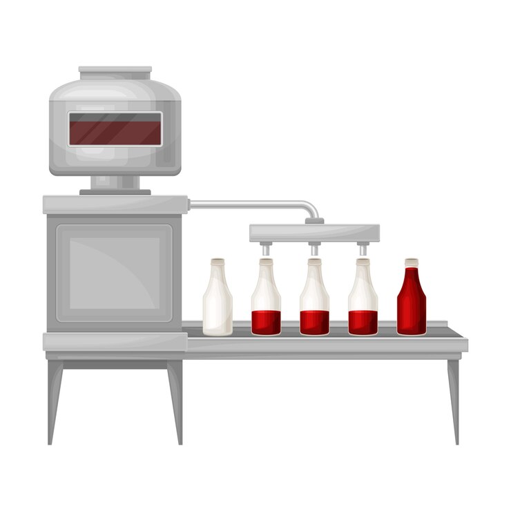 Vector ilustración vectorial de la fabricación de ketchup con salsa de tomate en botella