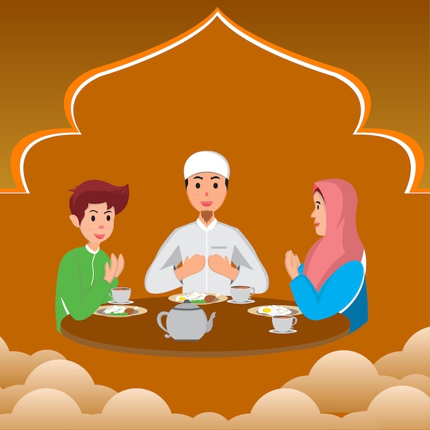 Ilustración vectorial de familia comiendo juntos en Ramadán