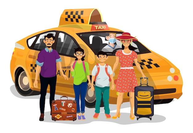 Vector ilustración vectorial de una familia feliz que va a ir en taxi de vacaciones. taxista con máscara médica espera a la familia cerca de los padres y sus hijos.