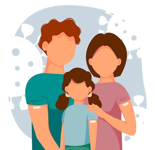 Ilustración vectorial de familia feliz vacunada con niños madre padre hija