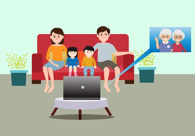 Ilustración vectorial de la familia haciendo videollamadas al abuelo y la abuela para reducir los problemas transmisión del virus covid19