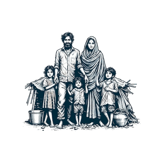 Vector ilustración vectorial de una familia de mendigos pobres que usan ropa desgastada y viven en una cabaña improvisada
